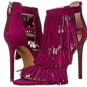 Steve Madden Fringly Fringe Suede Heels Purple Size 8M Stiletto Sandals